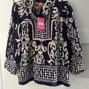 THML Navy and Cream Scroll-Print Button Tunic